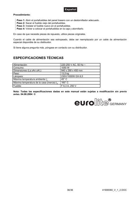 EUROLITE SL-1000 Follow Spot User Manual