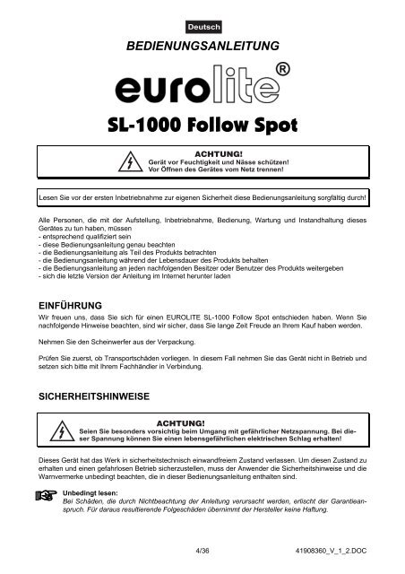 EUROLITE SL-1000 Follow Spot User Manual