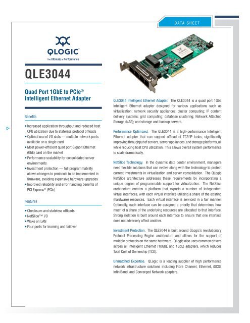 QLogic QLE3044 QUad Port 1GbE to PCIe Intelligent Ethernet Adapter