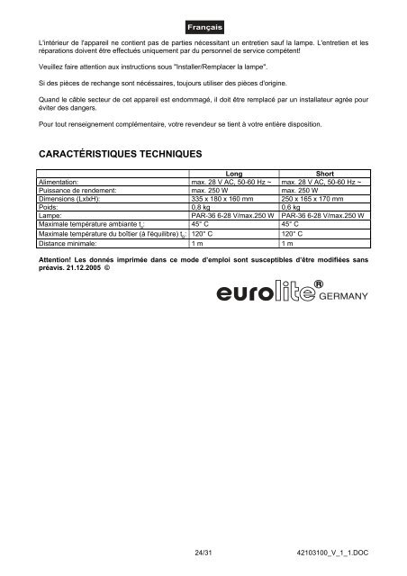 EUROLITE PAR-36 Spot User Manual - Terralec