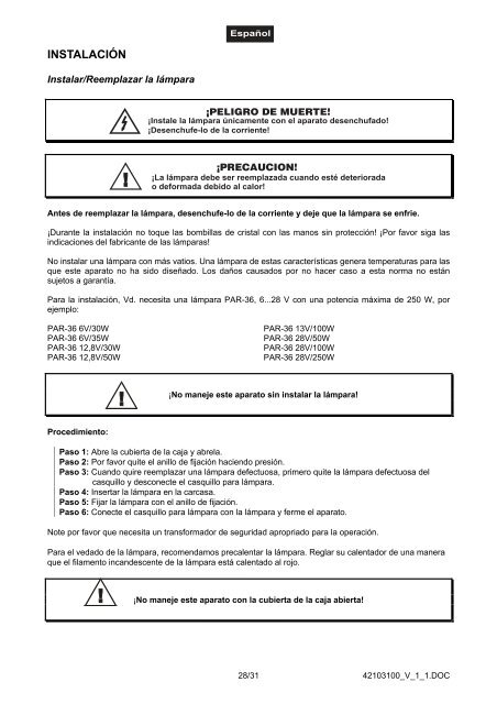 EUROLITE PAR-36 Spot User Manual - Terralec