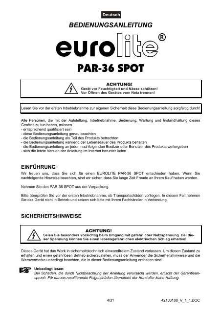 EUROLITE PAR-36 Spot User Manual - Terralec