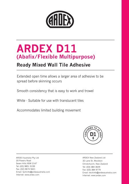 ARDEX D11 (Abafix/Flexible Multipurpose) - Armidale Ceramics