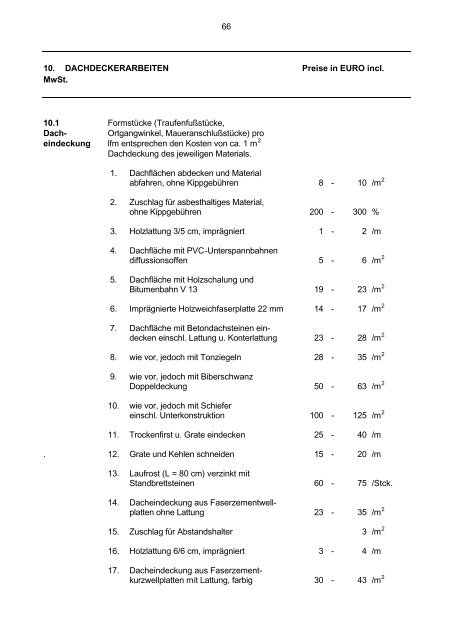 66 10. DACHDECKERARBEITEN Preise in EURO incl. MwSt ... - BfL