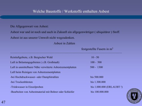 und Instandhaltung an asbesthaltigen Produkten