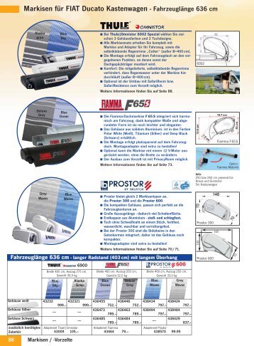 Markisen für FIAT Ducato Kastenwagen - Fahrzeuglänge 636 cm