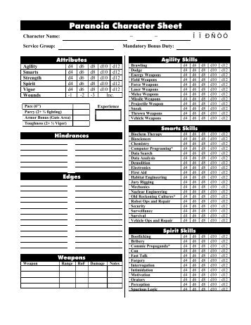 Paranoia Character Sheet - Savage Heroes