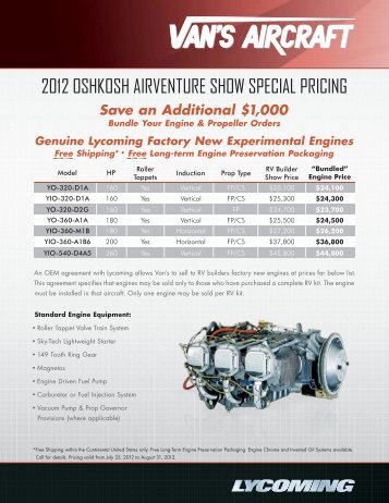 2012 oshkosh airventure show special pricing - Van's Aircraft, Inc.