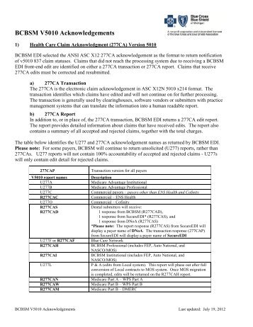 Health Care Claim Acknowledgment (277CA) - Blue Cross Blue ...