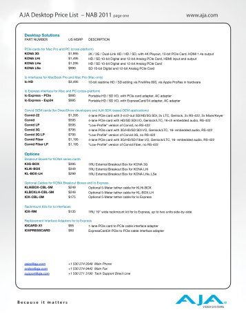 AJA Desktop Price List – NAB 2011 page one