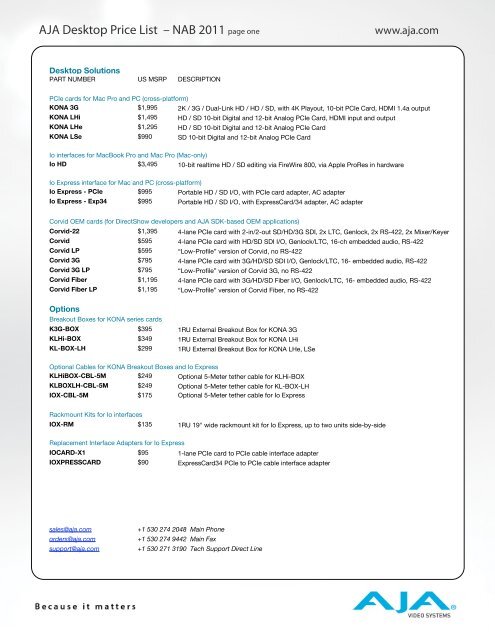 AJA Desktop Price List – NAB 2011 page one