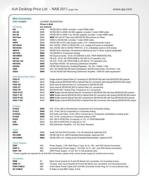 AJA Desktop Price List – NAB 2011 page one