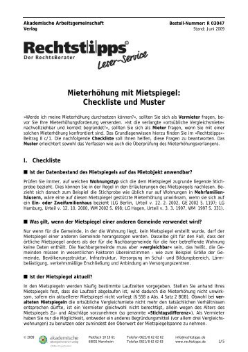 Mieterhöhung mit Mietspiegel: Checkliste und Muster - Rechtstipps.de