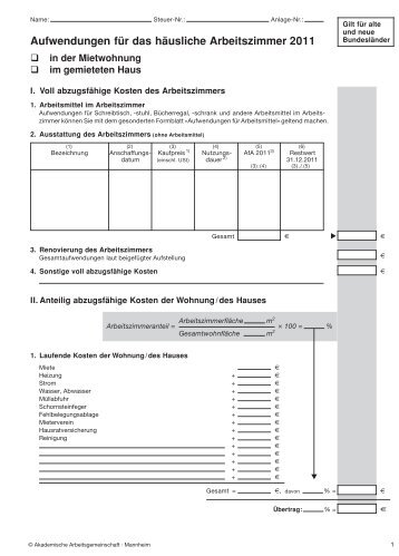 Aufwendungen für das häusliche Arbeitszimmer 2011 - Rechtstipps.de