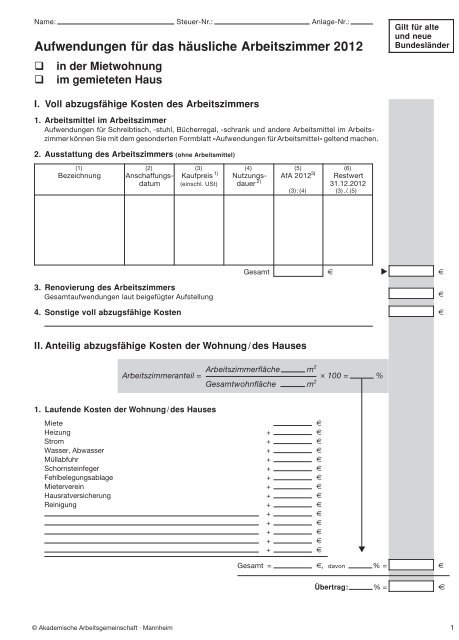 Aufwendungen für das häusliche Arbeitszimmer 2012 - Steuertipps.de