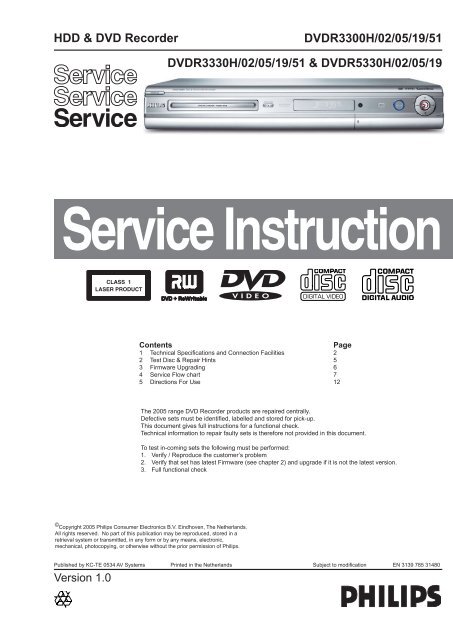 DVDR3300H/02/05/19/51 HDD &amp; DVD Recorder Service ... - Brelect