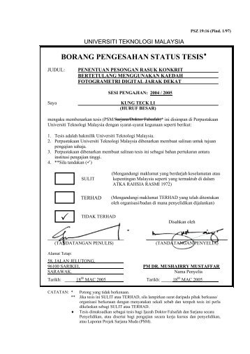 borang pengesahan status tesis - Universiti Teknologi Malaysia