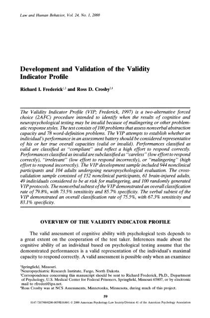 Validity Indicator Profile - Richard I. Frederick, Ph.D.