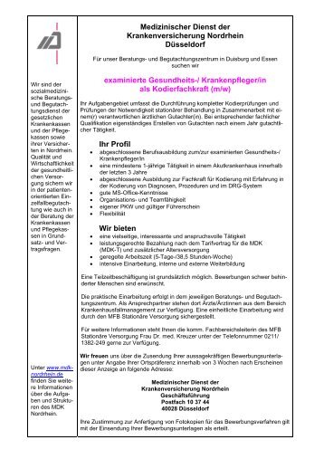 Stellenausschreibung Kodierfachkraft (m/w) - MDK Nordrhein