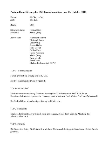 Protokoll zur Sitzung des FSR Geoinformation vom 18. Oktober 2011