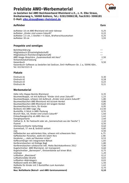 Preisliste AWO-Werbematerial - AWO Rheinland