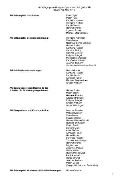 Arbeitsgruppen (AnsprechpartnerInnen fett gedruckt)