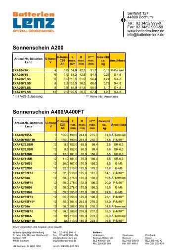 Sonnenschein A200 Sonnenschein A400/A400FT - Batterien Lenz