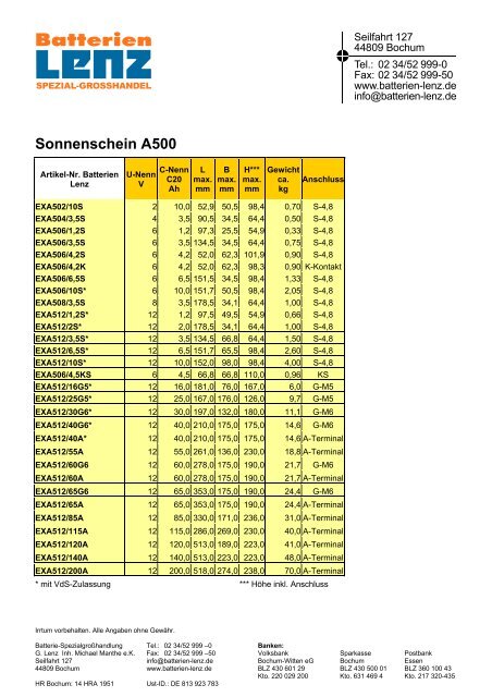 Sonnenschein A200 Sonnenschein A400/A400FT - Batterien Lenz