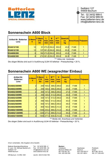 Sonnenschein A200 Sonnenschein A400/A400FT - Batterien Lenz