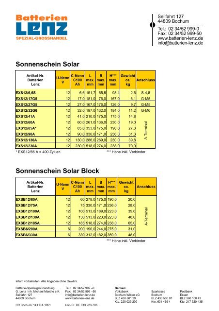 Sonnenschein A200 Sonnenschein A400/A400FT - Batterien Lenz