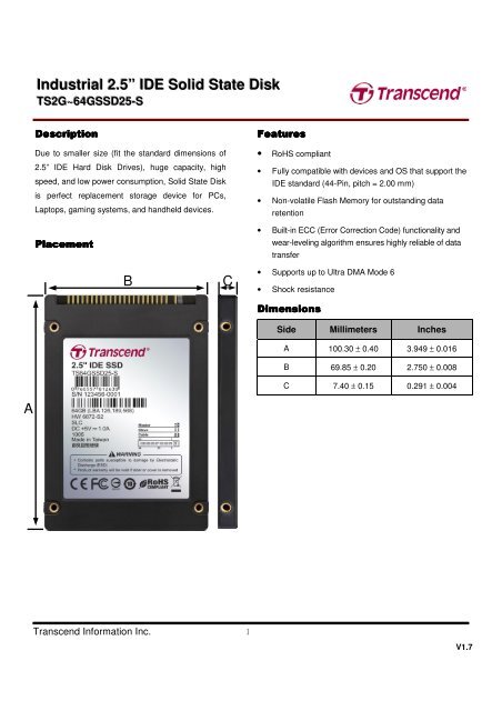 Industrial 2 5 Ide Solid State Disk Transcend