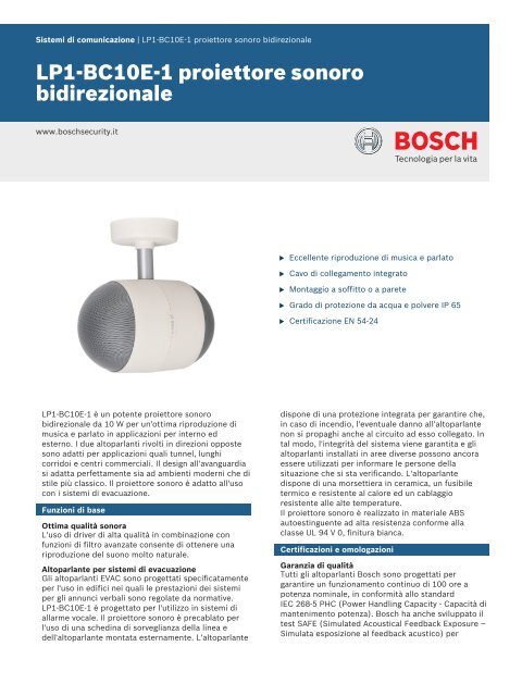 LP1‑BC10E‑1 proiettore sonoro bidirezionale - Bosch Security ...