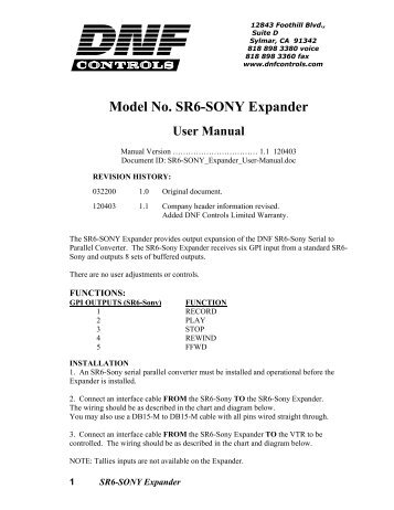 Model No. SR6-SONY Expander User Manual - DNF Controls