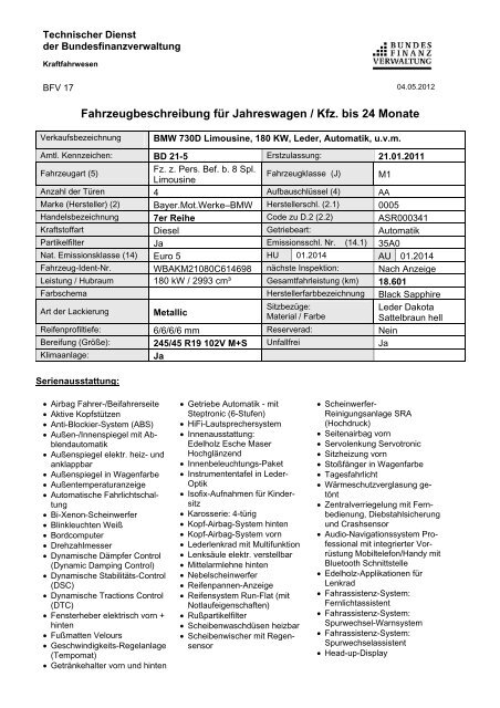 Fahrzeugbeschreibung für Jahreswagen / Kfz. bis 24 ... - Zoll-Auktion