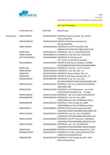 Artikel-Nummer EAN-Code Bezeichnung - D-Parts Mobilphon ...