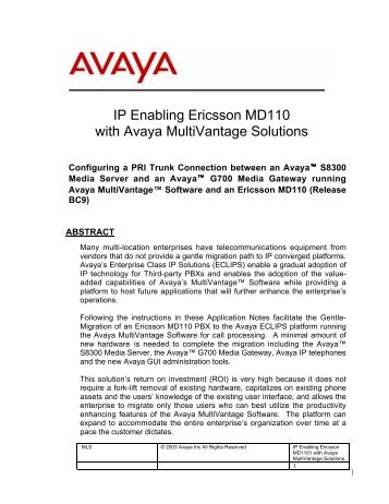 IP Enabling Ericsson MD110 with Avaya MultiVantage Solutions
