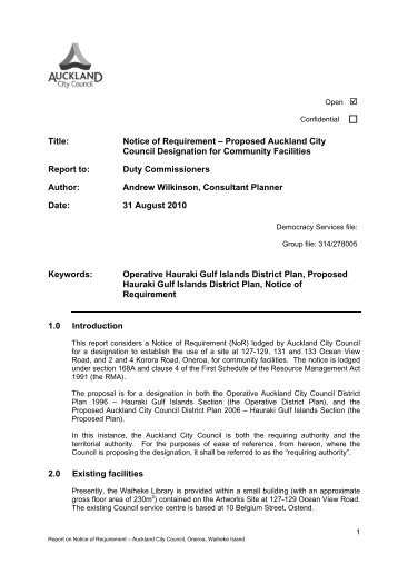 Title: Notice of Requirement – Proposed Auckland City Council ...