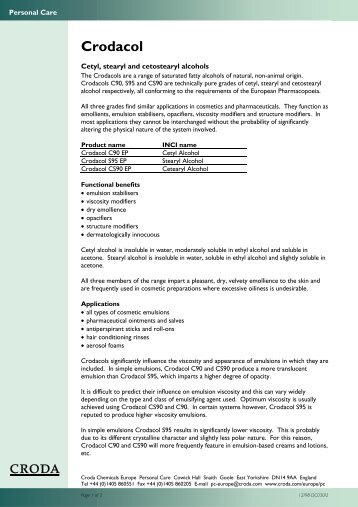 Crodacol, DC030, Croda Oleochemicals Personal Care datasheet