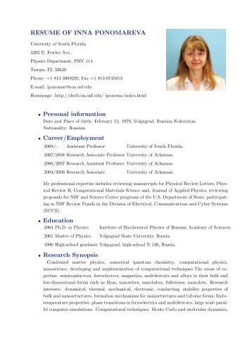 resume of inna ponomareva - Physics - University of South Florida