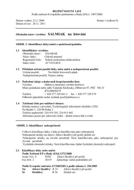 Bezpečnostní list SALMIAK na letování - Výrobní družstvo Důbrava