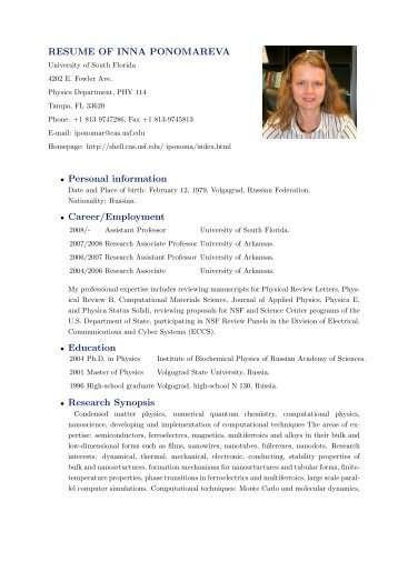 RESUME OF INNA PONOMAREVA • Personal information • Career ...