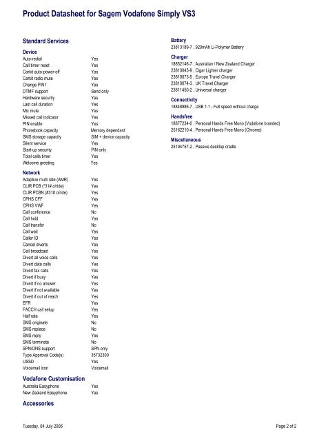 Product Datasheet for Sagem Vodafone Simply VS3