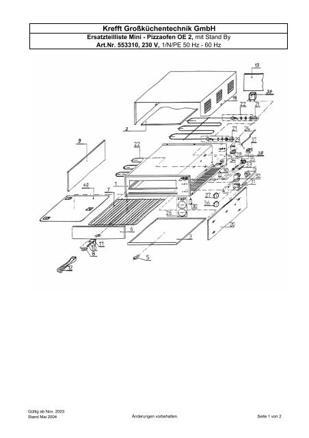 ersatzteilliste mini-pizzaofen oe 2 an 553310 mit stand by