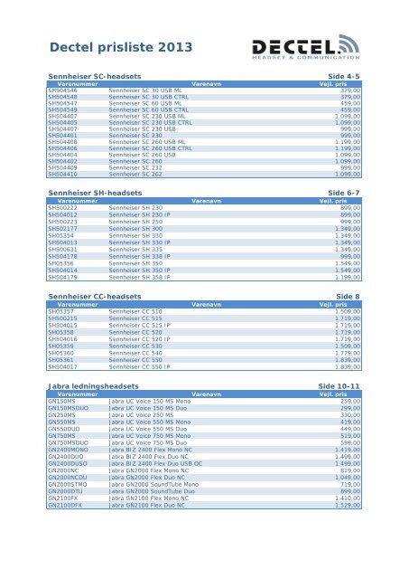 Dectel prisliste 2013 - Dectel headsets