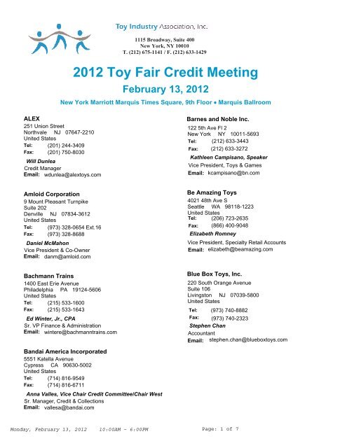 2012 Toy Fair Credit Meeting - Toy Industry Association