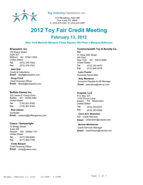 2012 Toy Fair Credit Meeting - Toy Industry Association