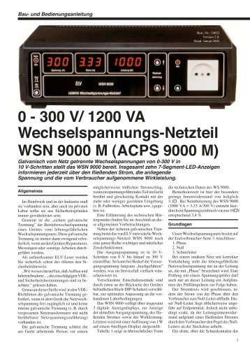 0 - 300 V/ 1200 VA Wechselspannungs-Netzteil WSN 9000 M ... - ELV