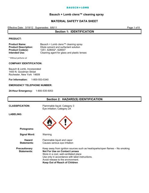 Bausch + Lomb clens™ cleaning spray MATERIAL SAFETY DATA ...