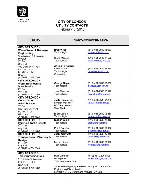 Utility Contact Information - City of London