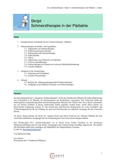 Skript: Schmerztherapie in der Pädiatrie - Otto Heubner Centrum